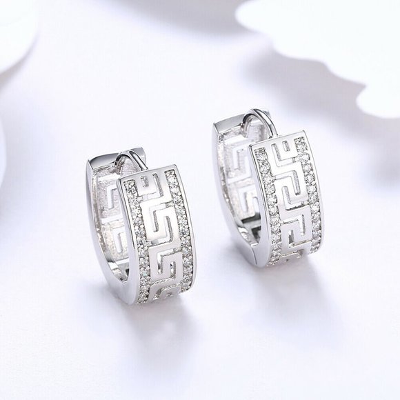 18K White Gold Plated Greek Huggie Hoop Earrings - Picture 3 of 5